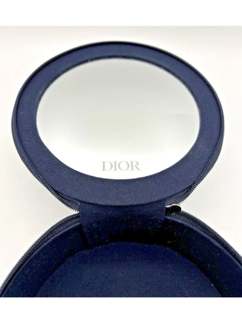 Dior Parfums Navy Fabric Cosmetic Vanity Case Mirror Zip Around Travel Makeup